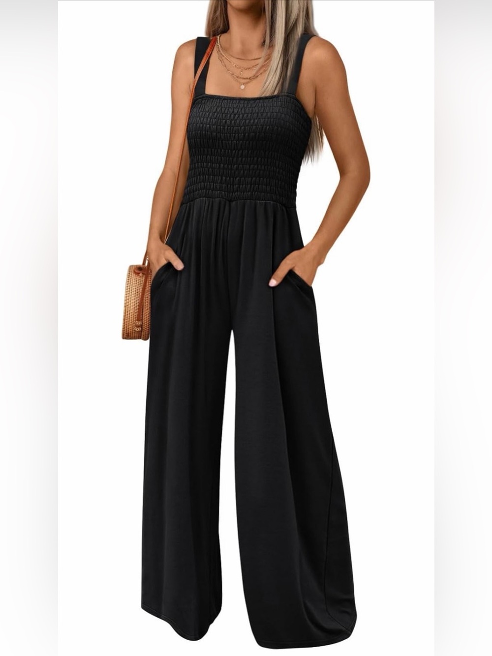 Women's Black Smocked Jumpsuit with Wide Straps
